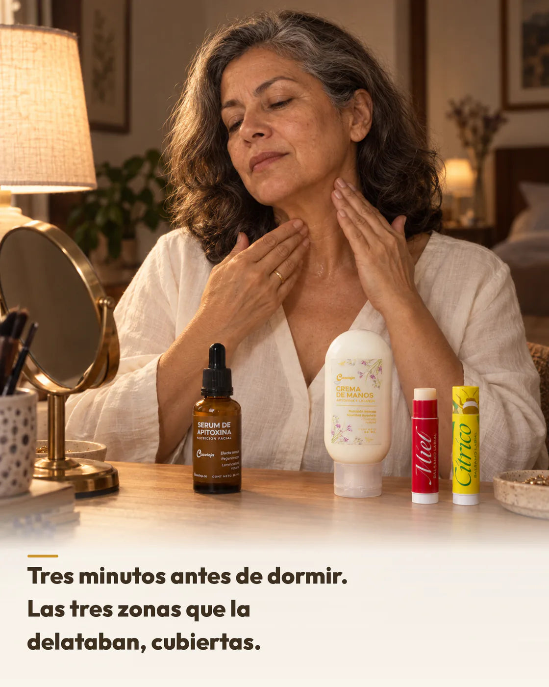 Rutina de noche con sérum, crema de manos y bálsamo labial