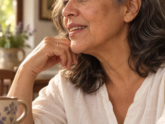 Mujer madura conversando con los labios suaves