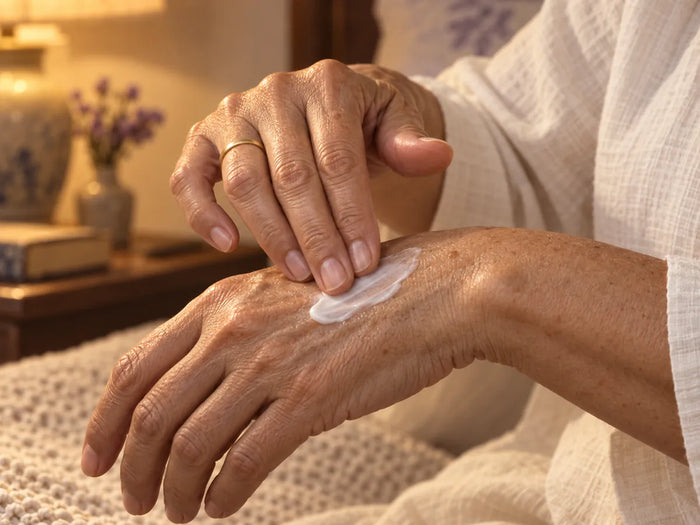 Yemas de los dedos extendiendo crema sobre el dorso de la mano