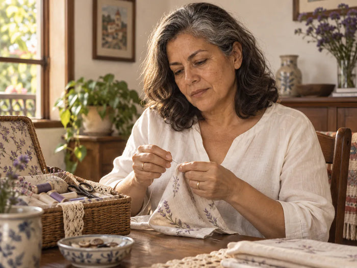 Mujer madura cosiendo a mano por la tarde