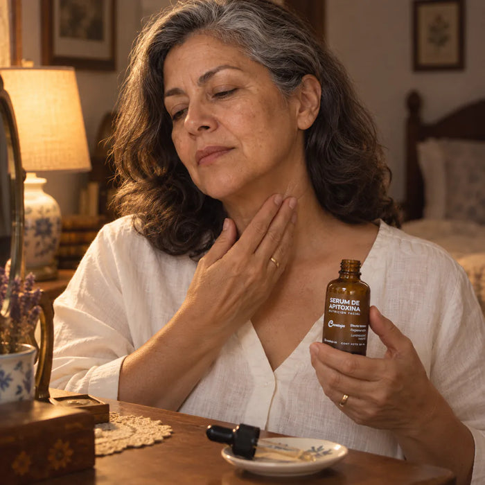 Mujer madura aplicando sérum en el cuello frente al espejo