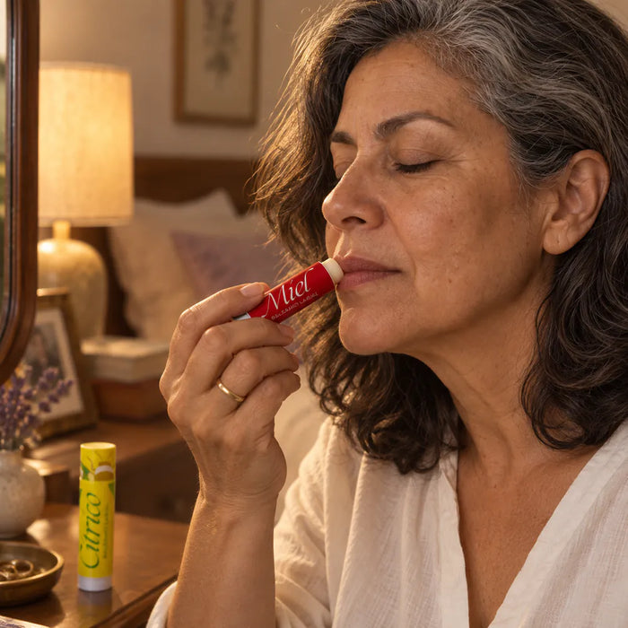 Mujer madura aplicando bálsamo labial de perfil
