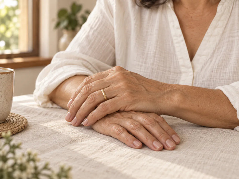 Manos de una mujer madura con anillos de uso