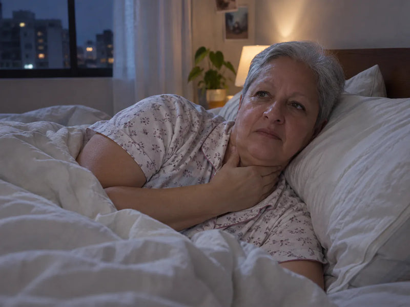 Mujer despierta de noche con la mano en la garganta