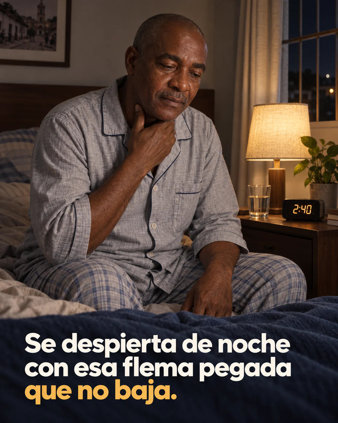 Hombre despierto de noche con la mano en la garganta: se despierta con esa flema pegada que no baja