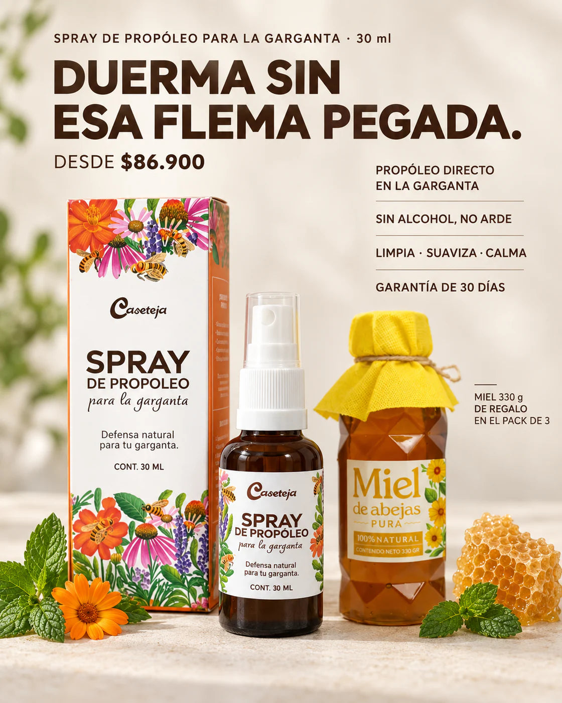 Spray de propóleo para la garganta Caseteja con su caja y miel de 330 g: duerma sin esa flema pegada