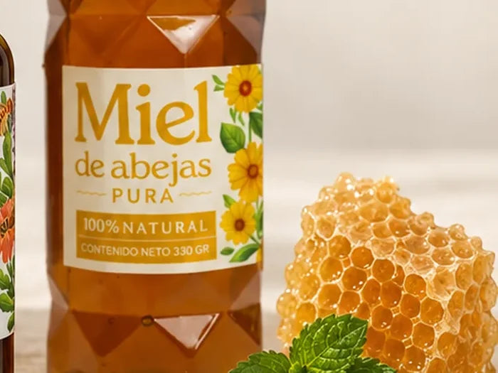 Frasco de miel de abejas pura de 330 g junto a un panal