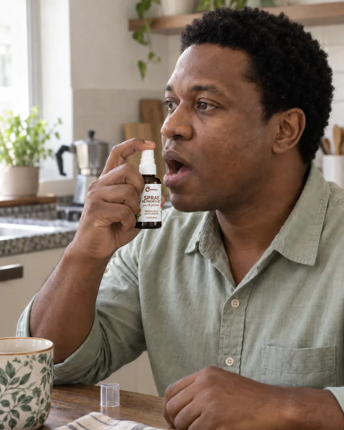 Hombre aplicándose el spray en la cocina por la mañana