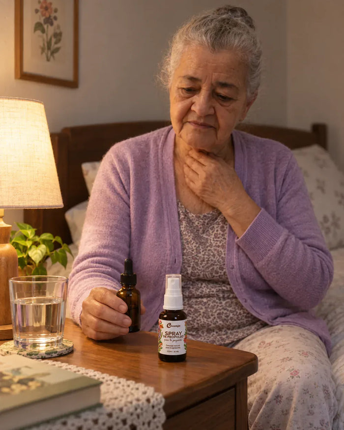 Mujer mayor en la cama de noche con las gotas en la mano y el spray en la mesita