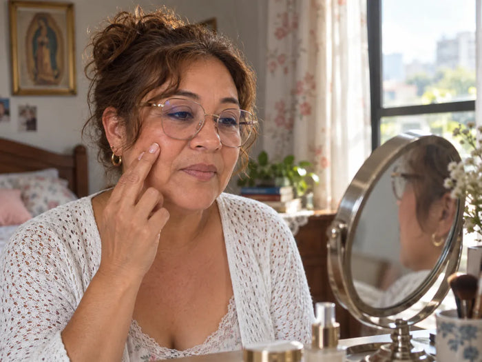 Mujer madura tocándose la mejilla frente al espejo
