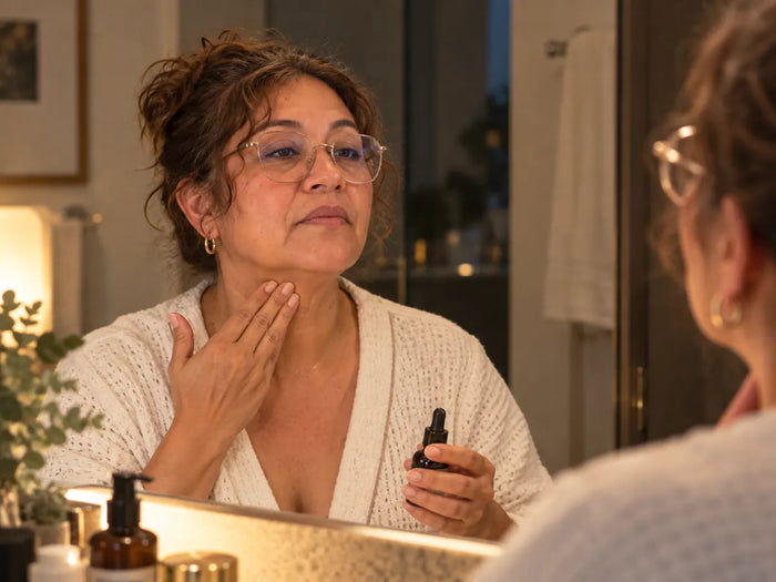Mujer aplicando el sérum en el cuello