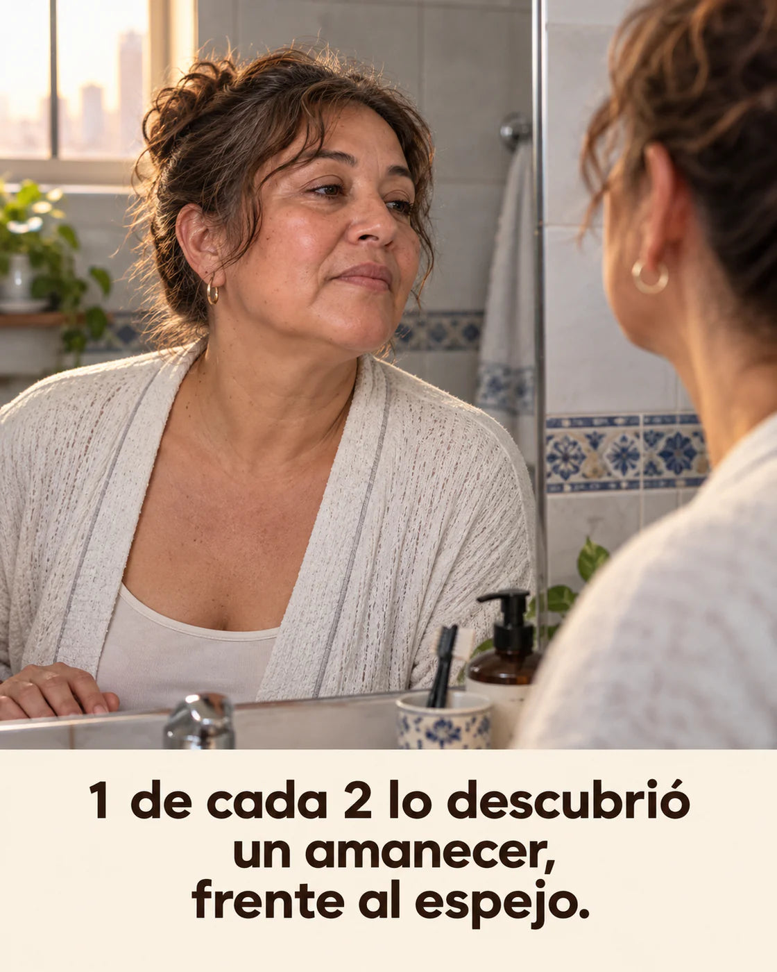 Mujer observando su cuello frente al espejo al amanecer
