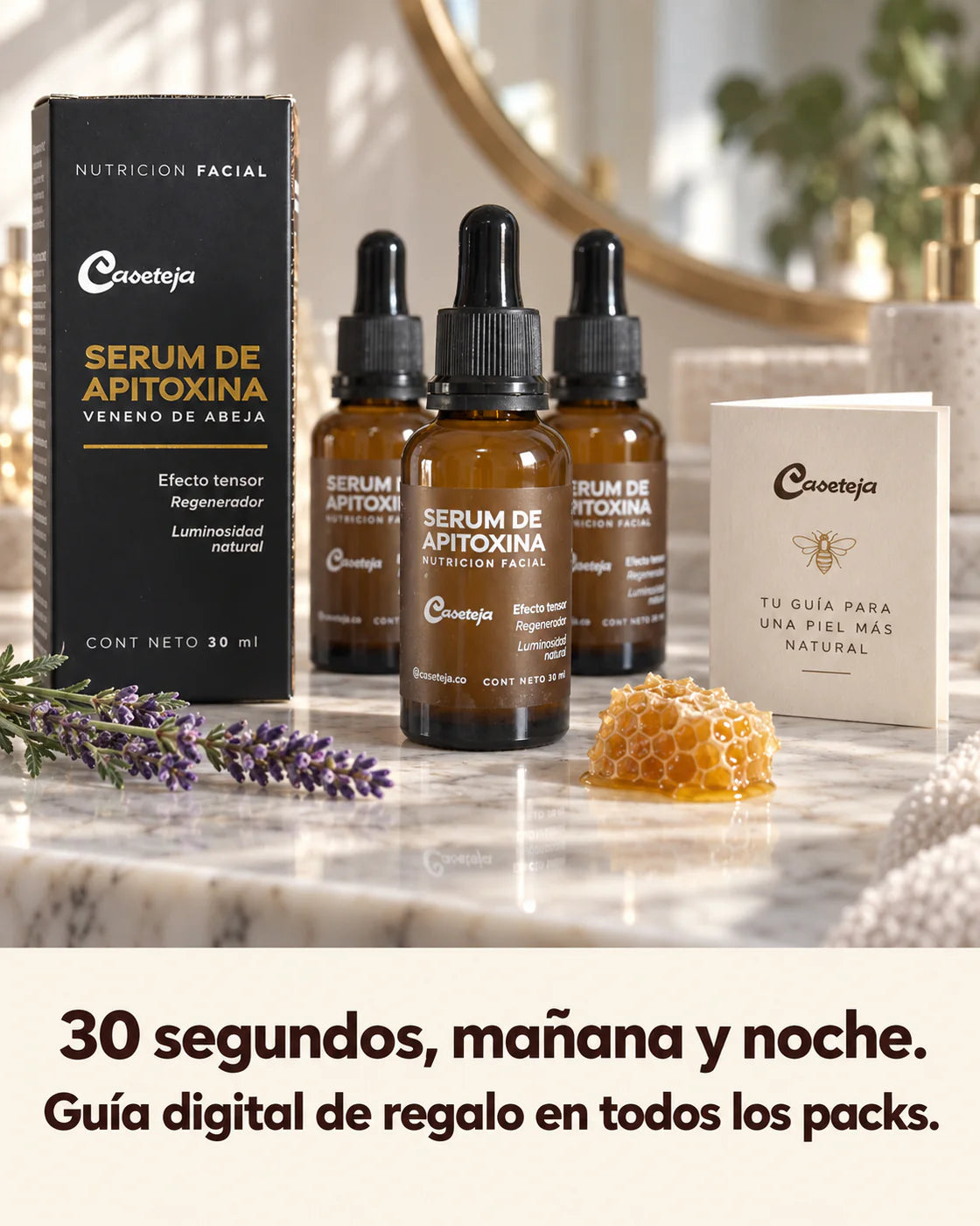 Tres frascos de sérum Caseteja y guía digital de cuidado facial
