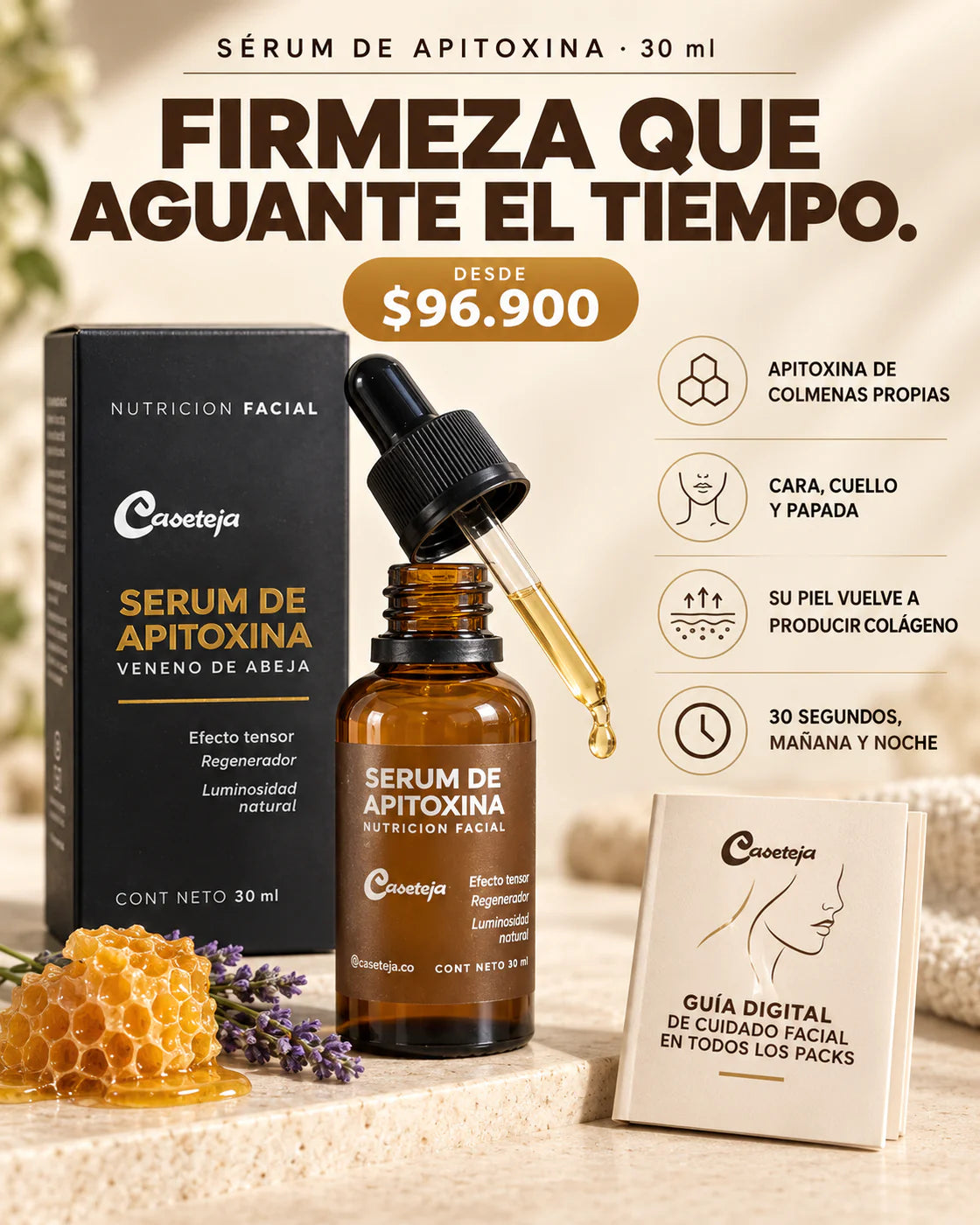 Sérum de Apitoxina Caseteja de 30 ml, caja negra y guía digital