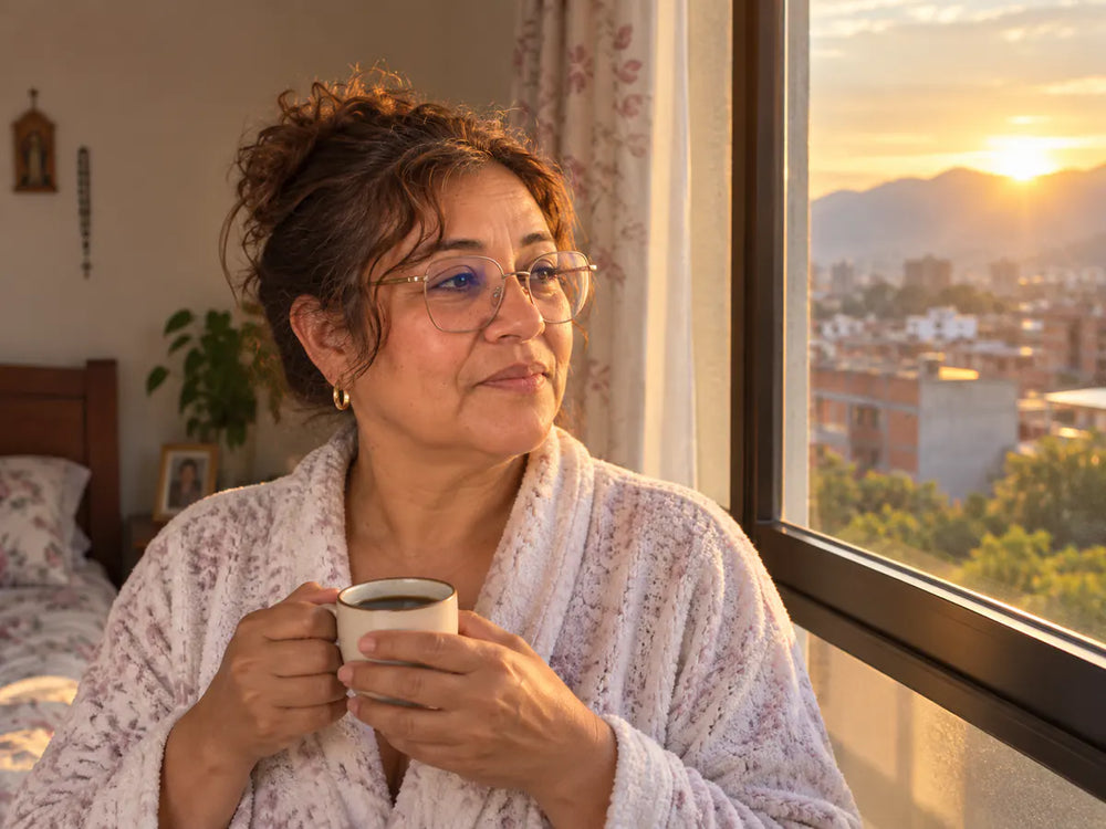 Mujer con una taza junto a la ventana al amanecer