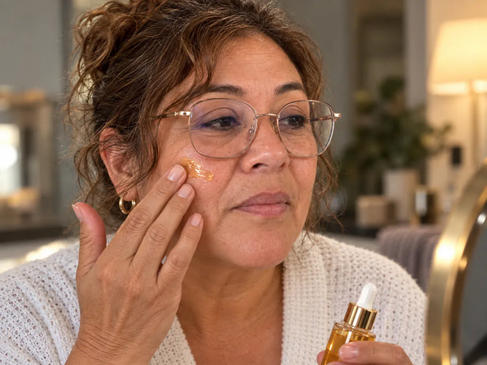 Mujer sintiendo la textura de su piel