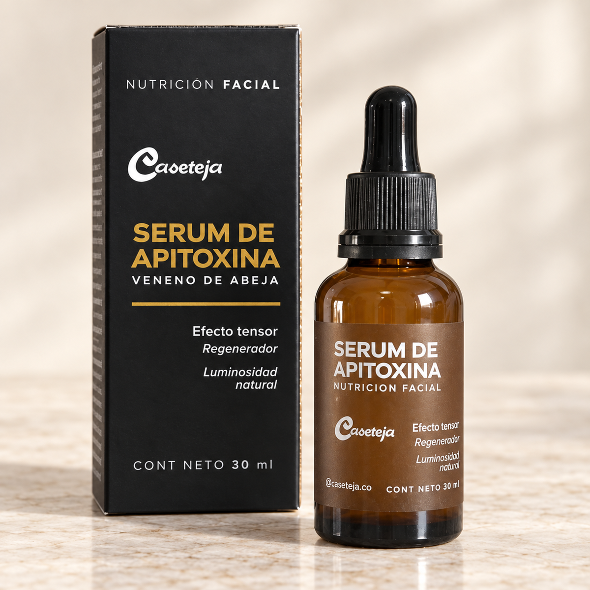Sérum de apitoxina Caseteja de 30 ml: un frasco ámbar con gotero negro junto a su caja original.